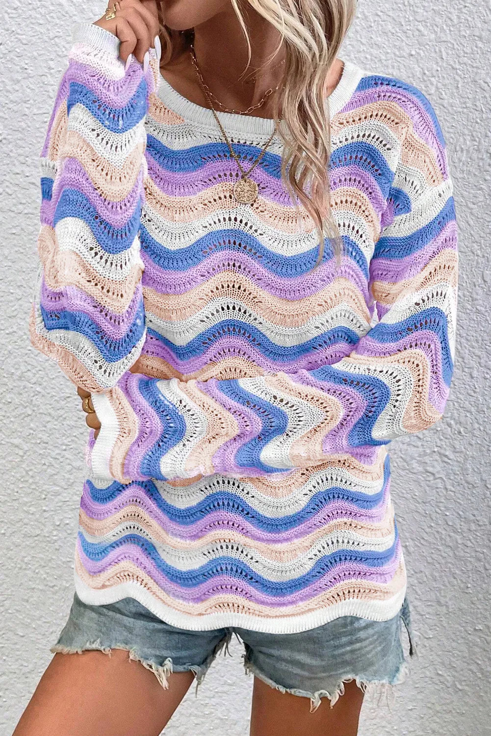 Contrast Wave Stripe Long Sleeve Sweater-Angel Casuals