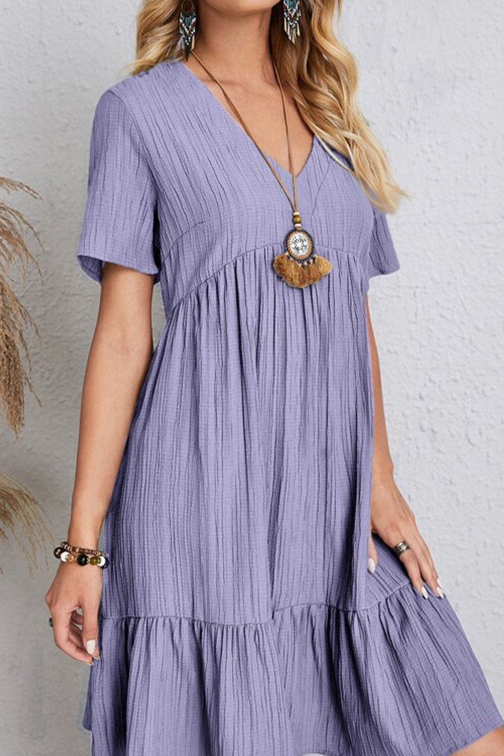 Full Size Ruched V-Neck Short Sleeve Dress-Angel Casuals