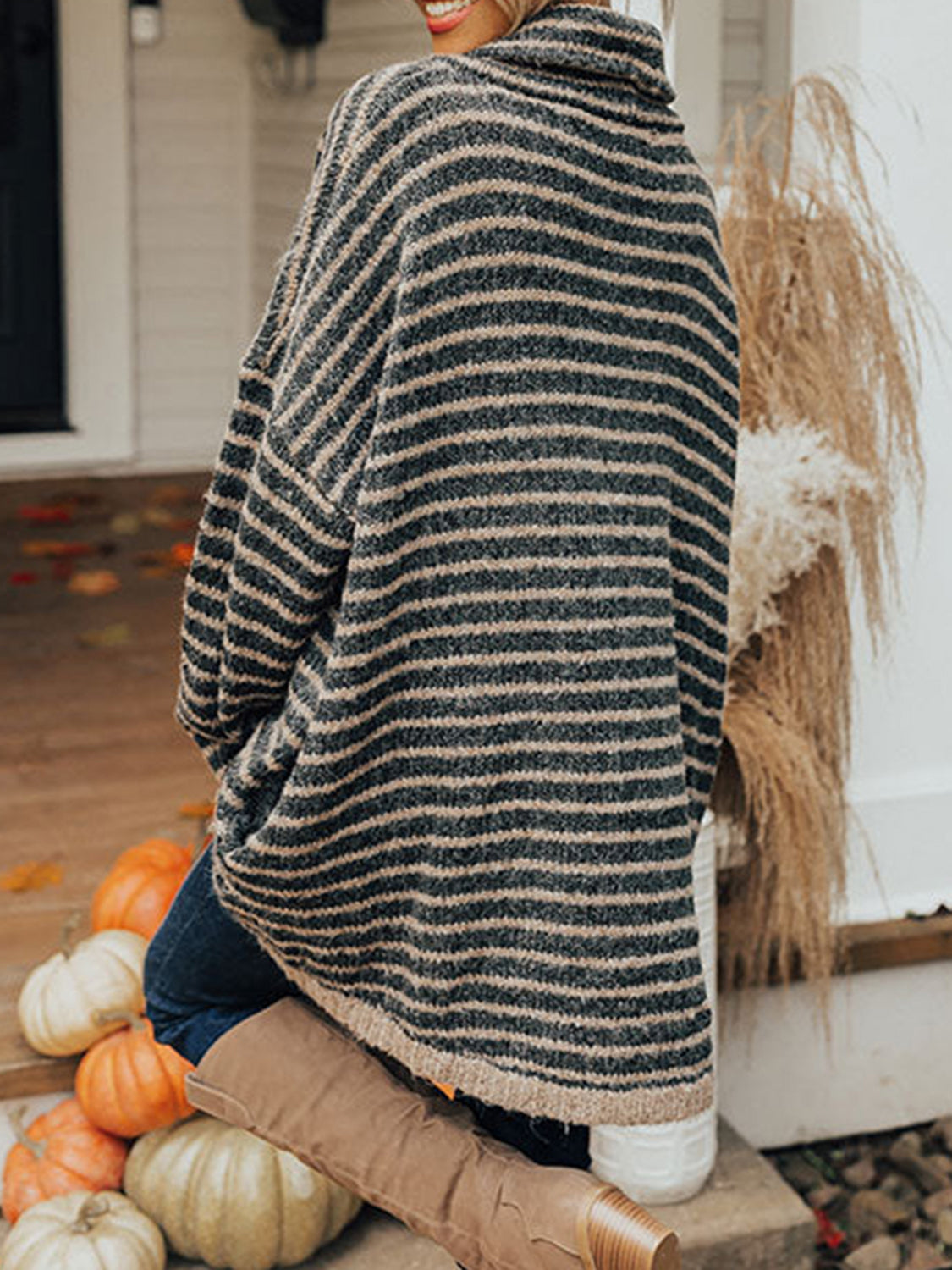 Striped Turtleneck Sweater with Pockets-Angel Casuals