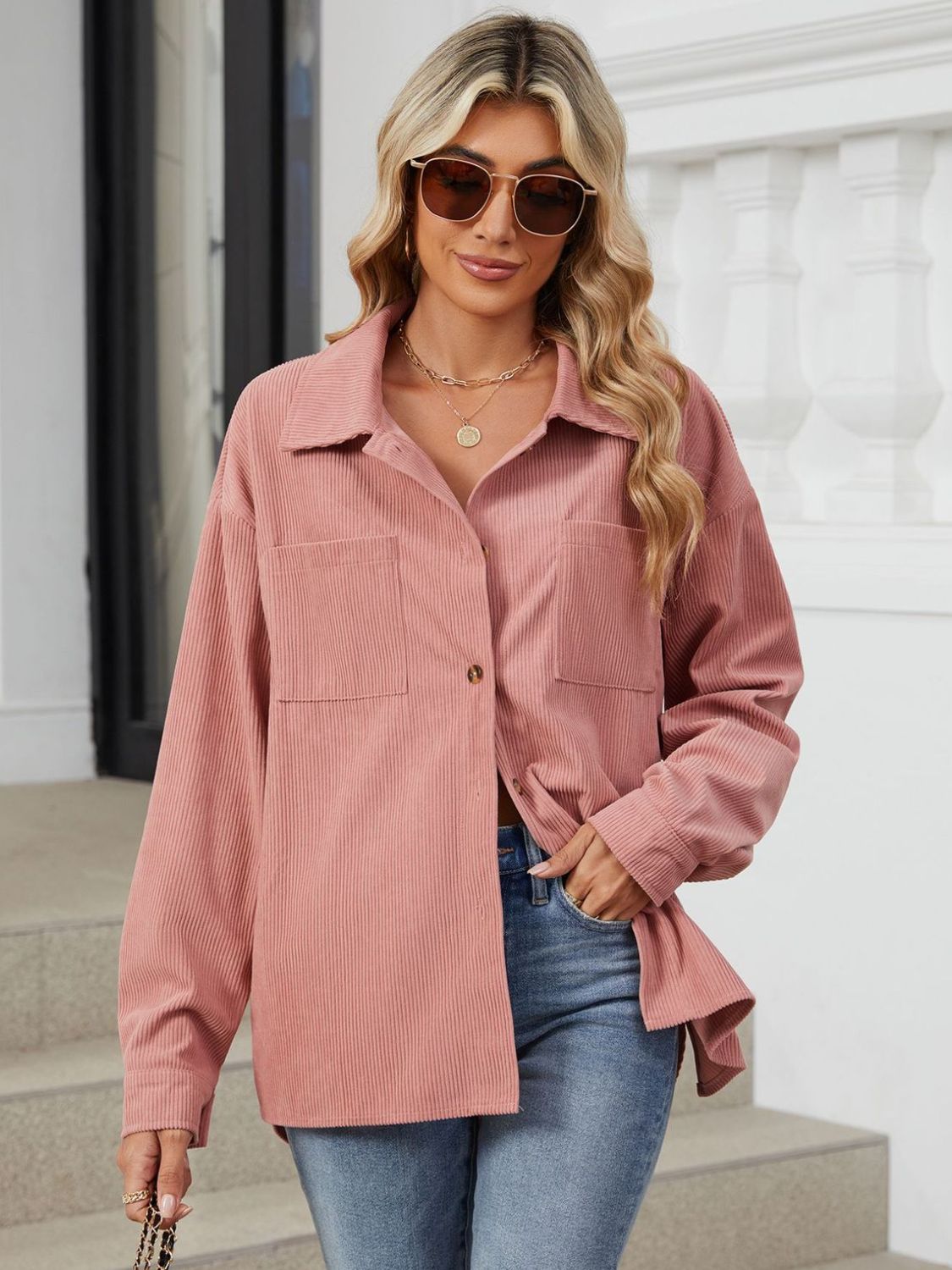 Button Up Dropped Shoulder Long Sleeve Outerwear-Angel Casuals