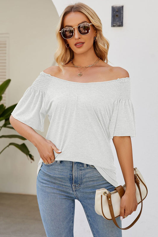Smocked Round Neck Flutter Sleeve T-Shirt-Angel Casuals
