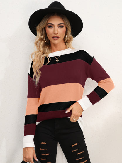 Striped Round Neck Dropped Shoulder Sweater-Angel Casuals