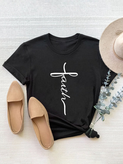 Letter Graphic Round Neck Short Sleeve T-Shirt-Angel Casuals
