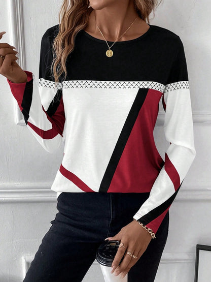 Contrast Round Neck Long Sleeve T-Shirt-Angel Casuals