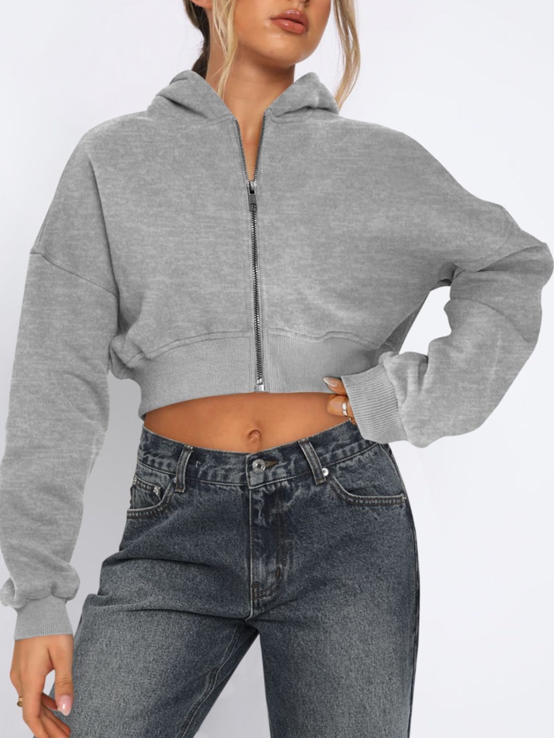 Zip Up Long Sleeve Hooded Cropped Jacket-Angel Casuals