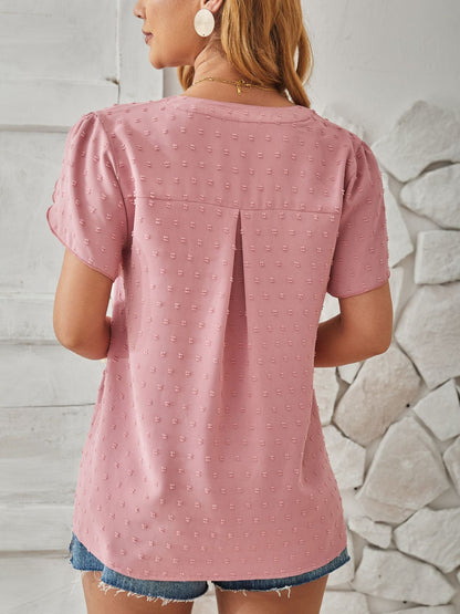 Swiss Dot Notched Petal Sleeve T-Shirt-Angel Casuals