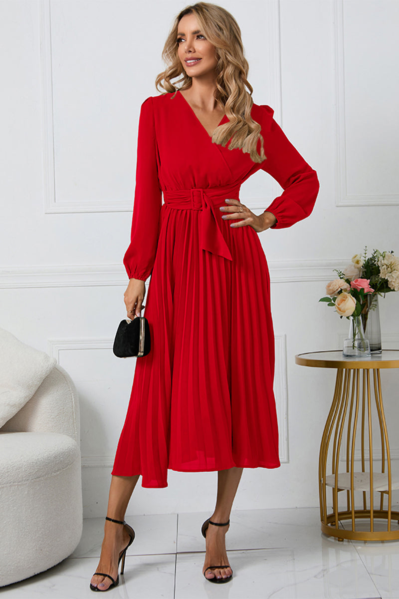 V-Neck Long Sleeve Tie Waist Midi Dress-Angel Casuals