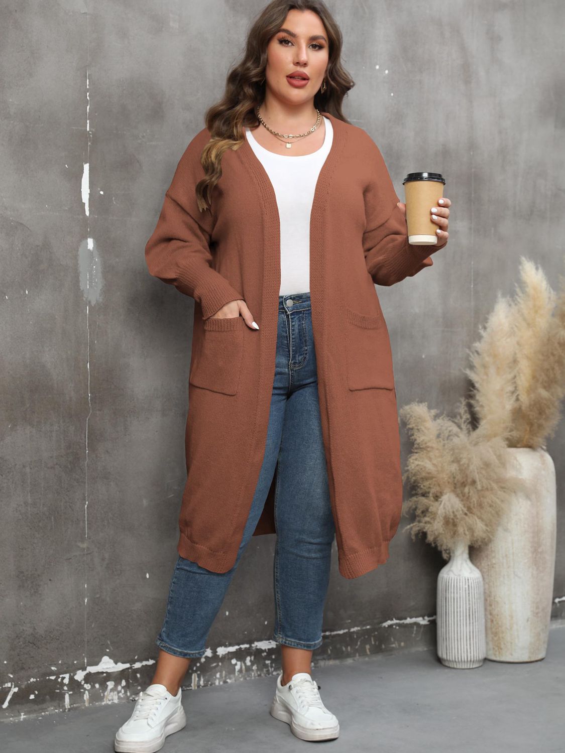 Plus Size Long Sleeve Pocketed Cardigan-Angel Casuals