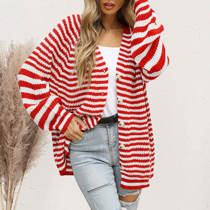 Striped Button Down Long Sleeve Cardigan-Angel Casuals