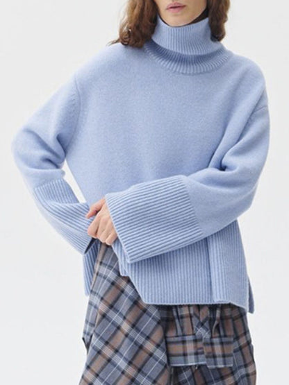 Side Slit Turtleneck Drop Shoulder Sweater-Angel Casuals