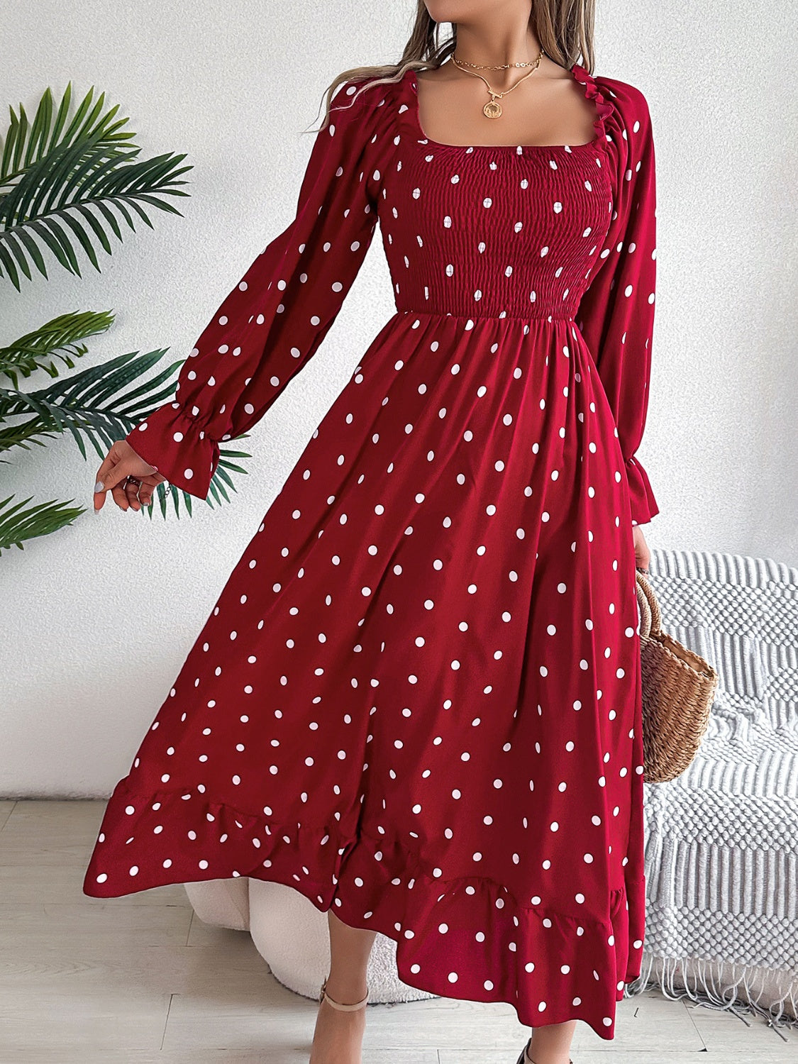 Polka Dot Flounce Sleeve Midi Dress-Angel Casuals