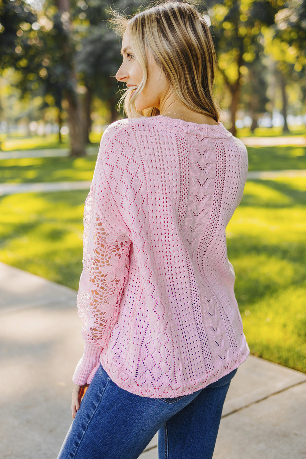 Openwork Lantern Sleeve Dropped Shoulder Sweater-Angel Casuals