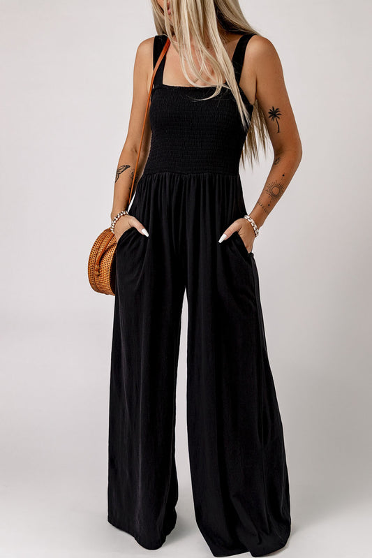 Smocked Square Neck Wide Leg Jumpsuit with Pockets-Angel Casuals