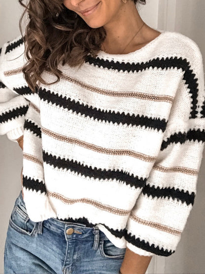 Contrast Striped Round Neck Long Sleeve Sweater-Angel Casuals