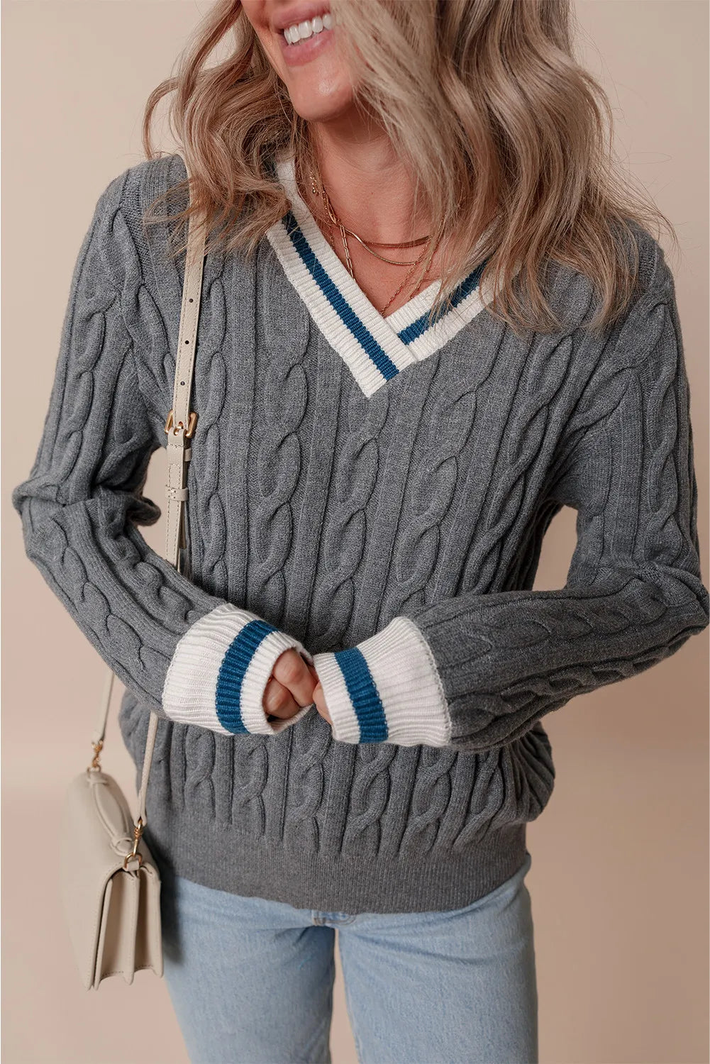 Cable-Knit V-Neck Long Sleeve Sweater-Angel Casuals