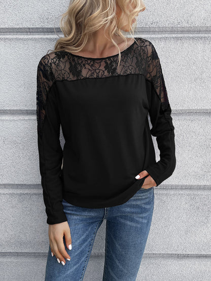 Lace Long Sleeve Round Neck Tee-Angel Casuals