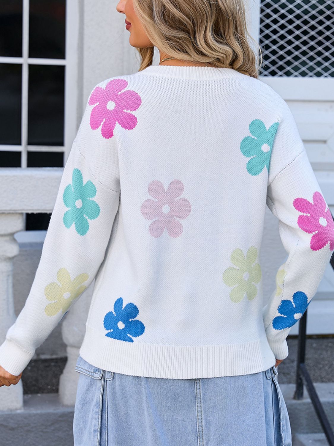 Angel Wings Flower Round Neck Long Sleeve Sweater-Angel Casuals