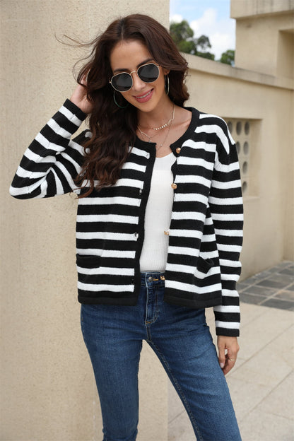 Striped Round Neck Button-Down Dropped Shoulder Cardigan-Angel Casuals