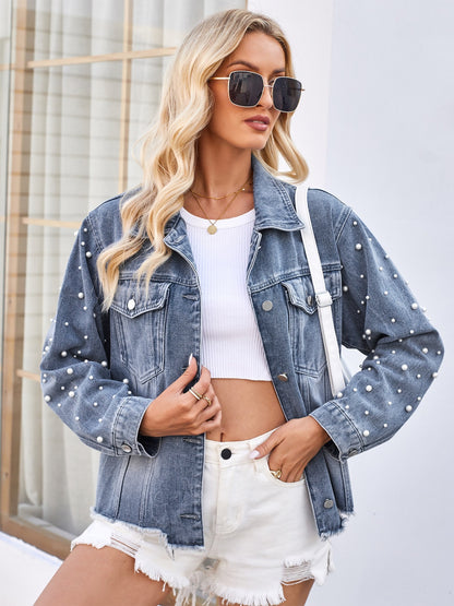 Pearl Trim Raw Hem Denim Jacket-Angel Casuals