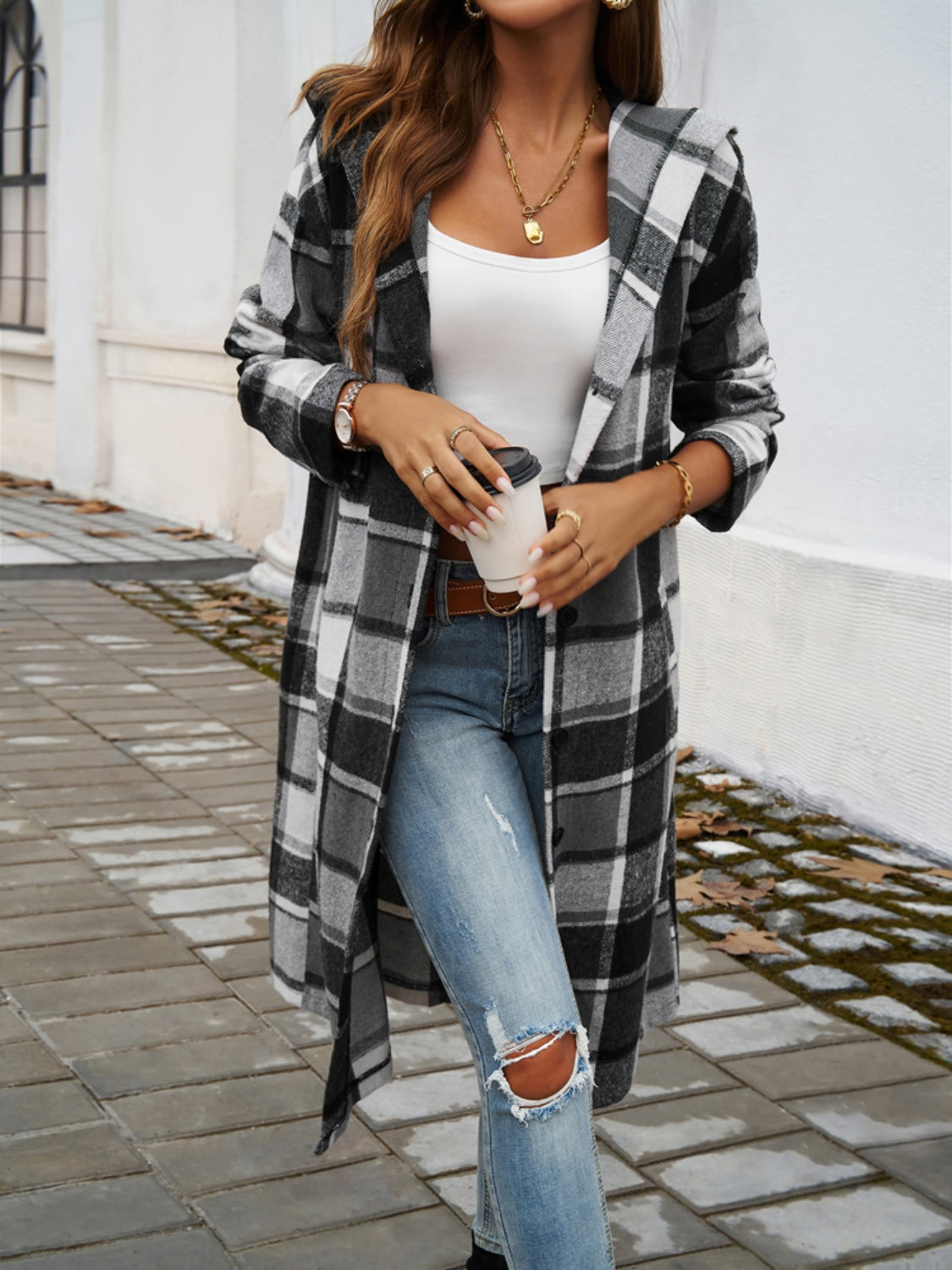 Devine Plaid Long Sleeve Hooded Coat-Angel Casuals