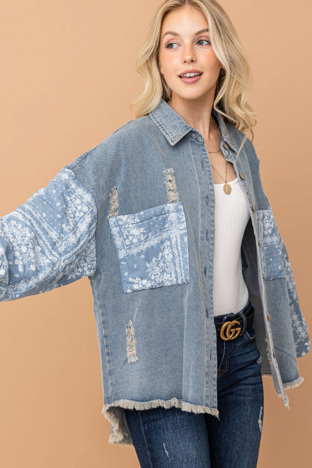 And The Why Full Size Paisley Print Quilted Sleeves Denim Jacket-Angel Casuals