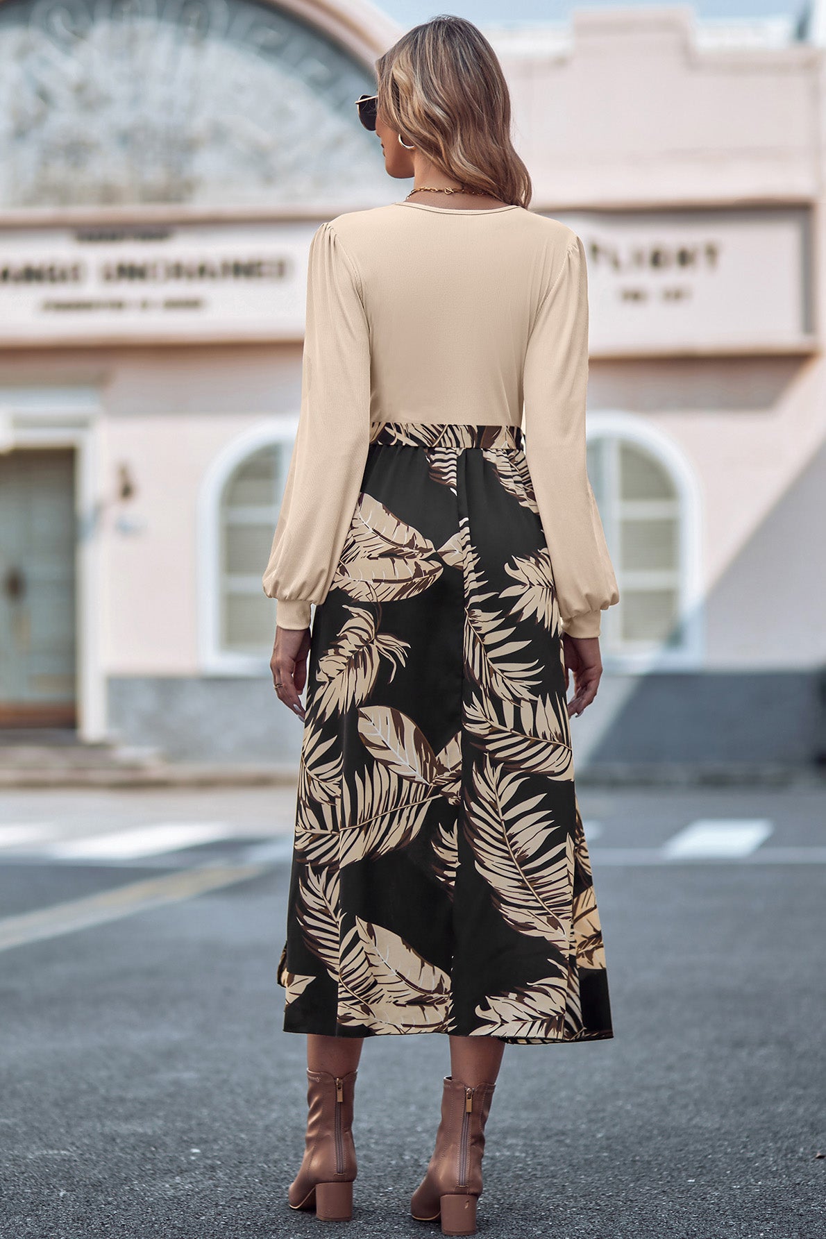 Printed Tie Waist Long Sleeve Dress-Angel Casuals