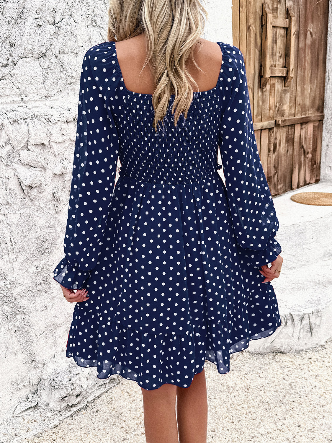 Smocked Polka Dot Long Sleeve Dress-Angel Casuals