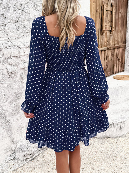 Smocked Polka Dot Long Sleeve Dress-Angel Casuals