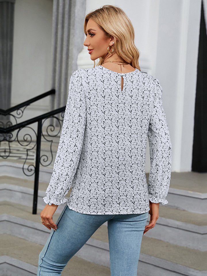 Printed Round Neck Flounce Sleeve Blouse-Angel Casuals