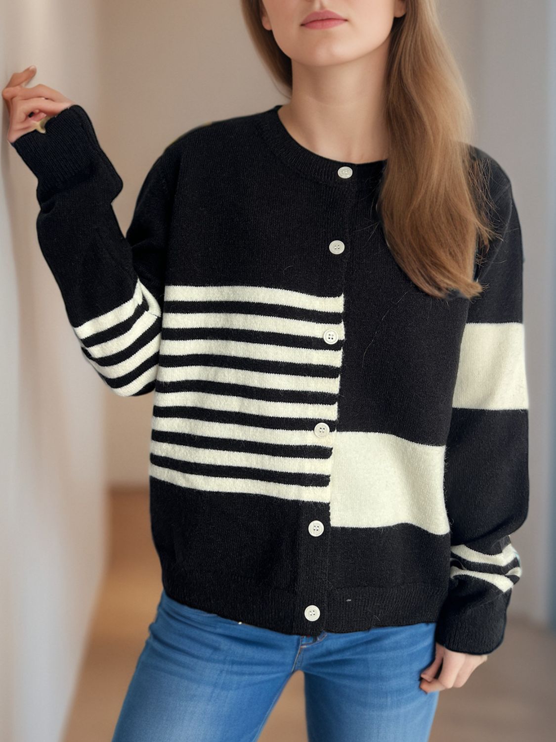 Striped Color Block Round Neck Cardigan-Angel Casuals