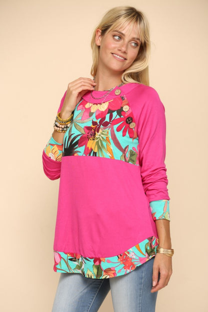 Celeste Full Size Tropical Print Long Sleeve T-Shirt-Angel Casuals