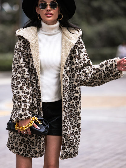 Shiny Leopard Print Hooded Teddy Coat-Angel Casuals