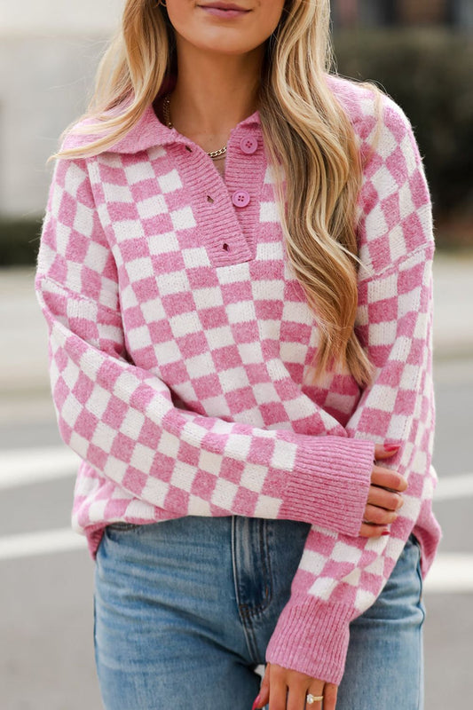 Checkered Collared Neck Long Sleeve Sweater-Angel Casuals