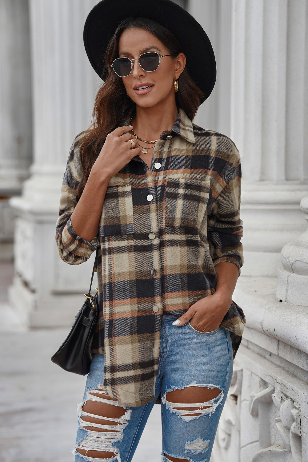 Plaid Curved Hem Dropped Shoulder Longline Shirt Jacket-Angel Casuals