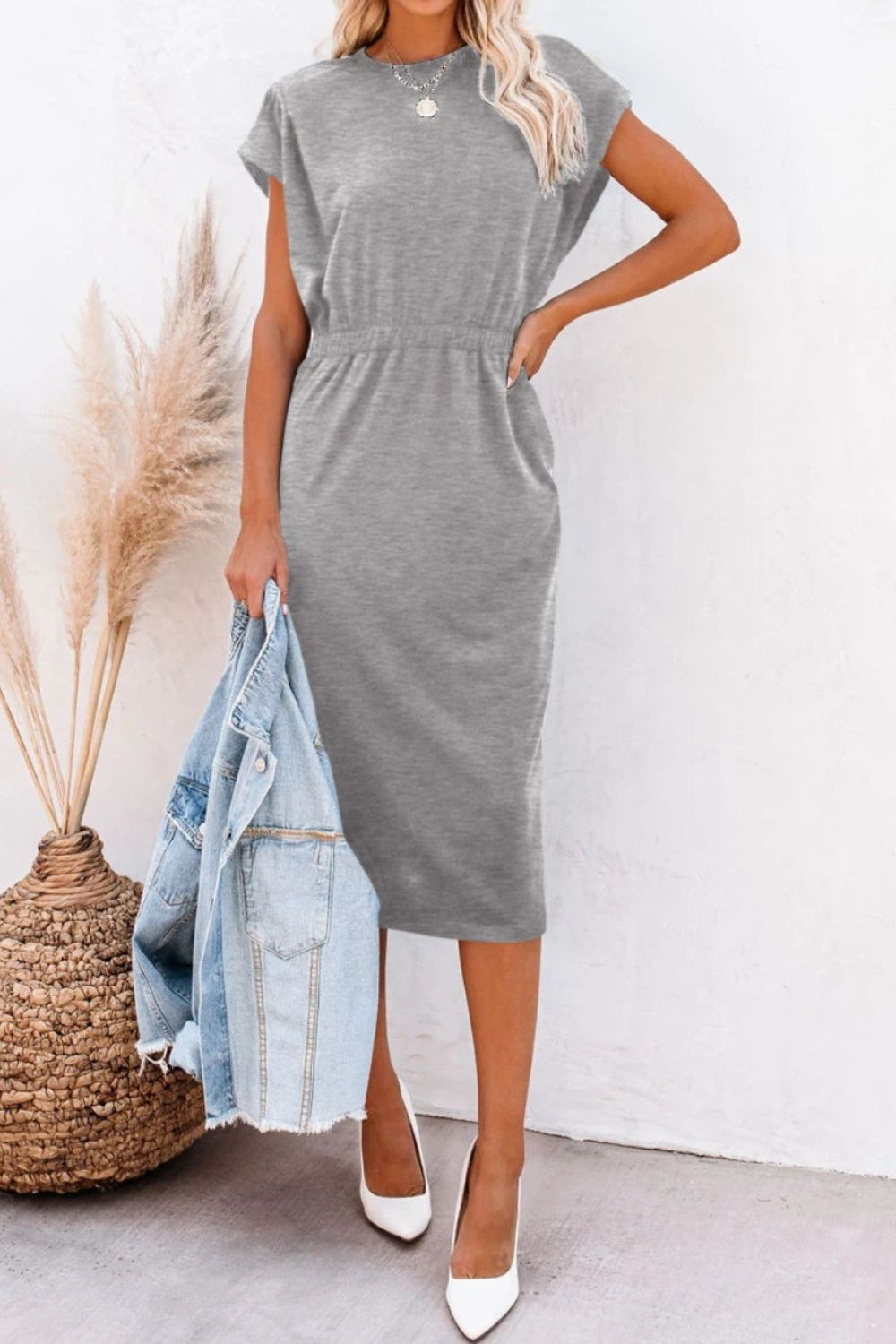 Pocketed Round Neck Cap Sleeve Dress-Angel Casuals