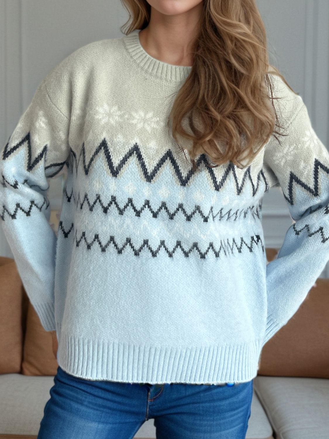 Chevron Contrast Round Neck Long Sleeve Sweater-Angel Casuals