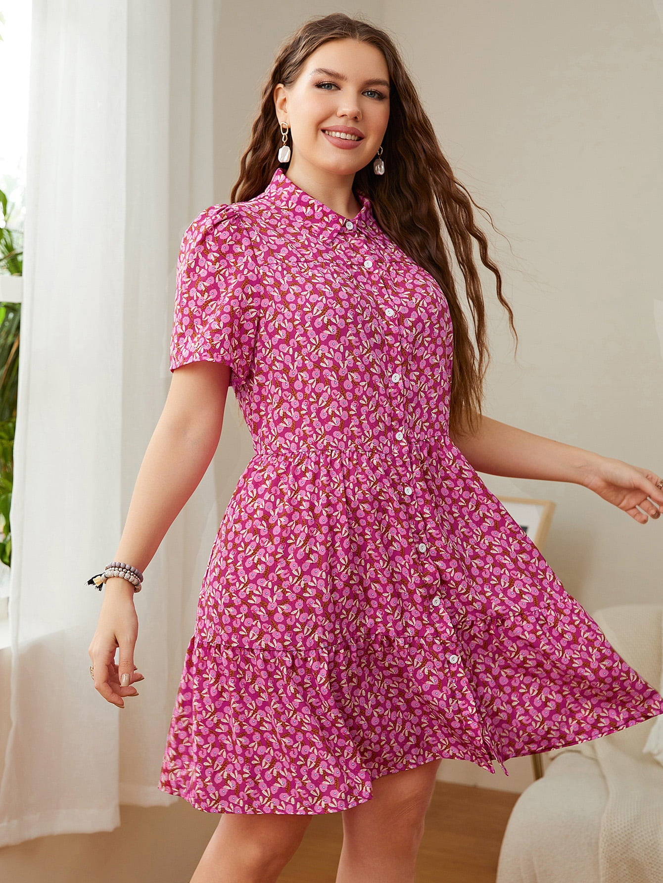 Plus Size Printed Short Sleeve Collared Dress-Angel Casuals