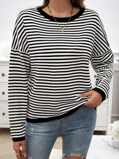 Devine Striped Round Neck Dropped Shoulder Sweater-Angel Casuals