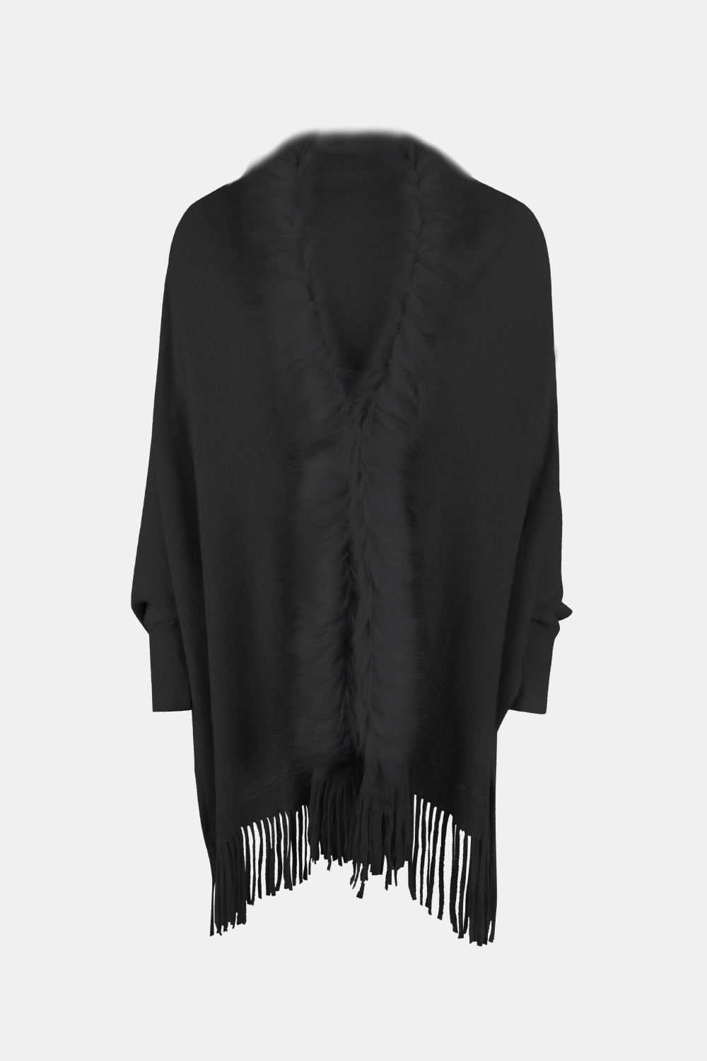 Fringe Open Front Long Sleeve Poncho-Angel Casuals