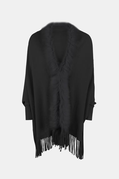 Fringe Open Front Long Sleeve Poncho-Angel Casuals