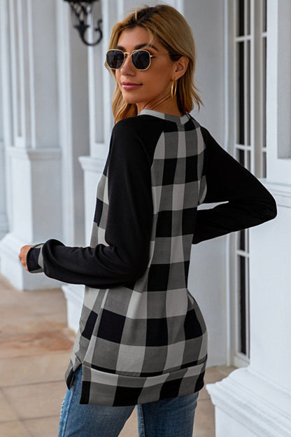 Plaid Round Neck Long Sleeve T-Shirt-Angel Casuals