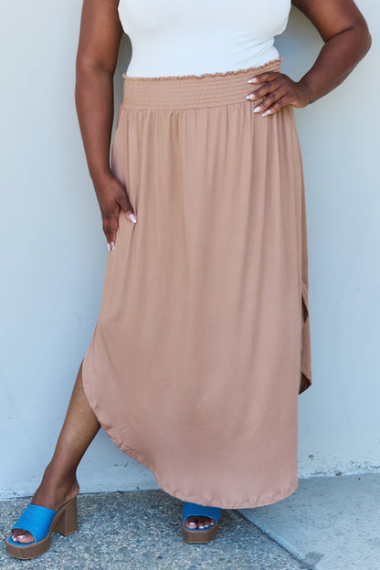 Doublju Comfort Princess Full Size High Waist Scoop Hem Maxi Skirt in Tan-Angel Casuals