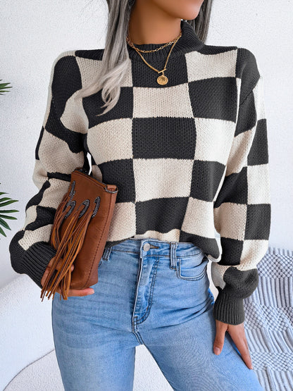 Checkered Mock Neck Long Sleeve Sweater-Angel Casuals