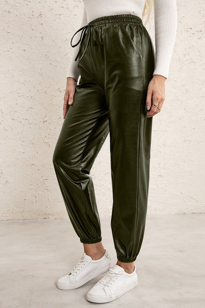 Elastic Waist PU Leather Joggers-Angel Casuals