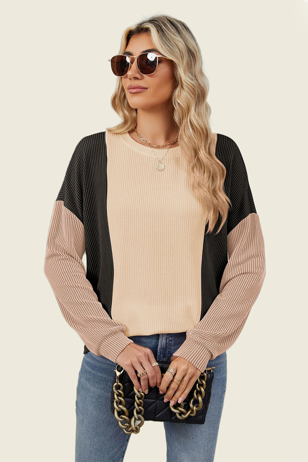 Double Take Texture Contrast Round Neck Long Sleeve T-Shirt-Angel Casuals