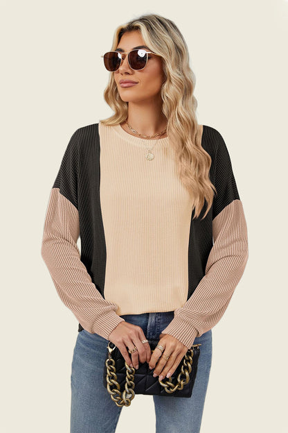 Double Take Texture Contrast Round Neck Long Sleeve T-Shirt-Angel Casuals