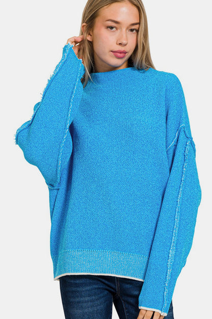 Zenana Exposed Seam Mock Neck Long Sleeve Sweater-Angel Casuals