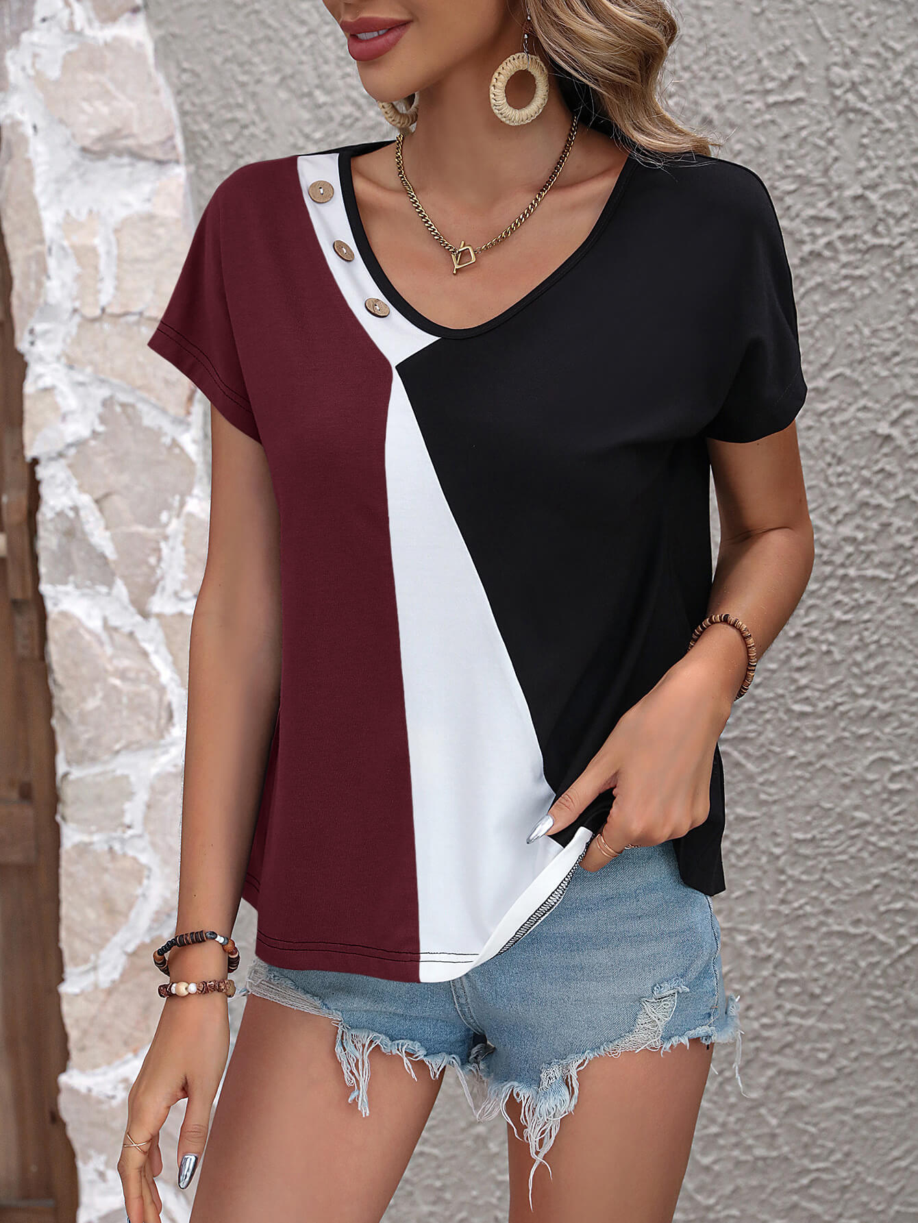 Color Block Decorative Button V-Neck Tee-Angel Casuals