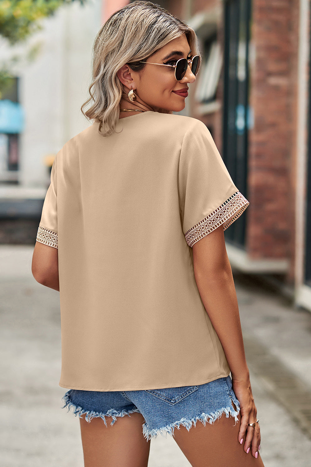 Openwork V-Neck Short Sleeve T-Shirt-Angel Casuals