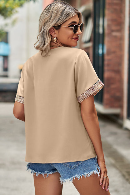 Openwork V-Neck Short Sleeve T-Shirt-Angel Casuals